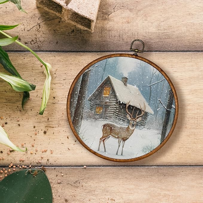 KSDUT Winter Wall Decor Art - Christmas Xmas Woodland Wall Art Canvas Frame Hanging Prints, Vintage Pine Tree Deer Holiday Landscape Round Wall Art Decor for Home Bedroom Decorations 10"x10"