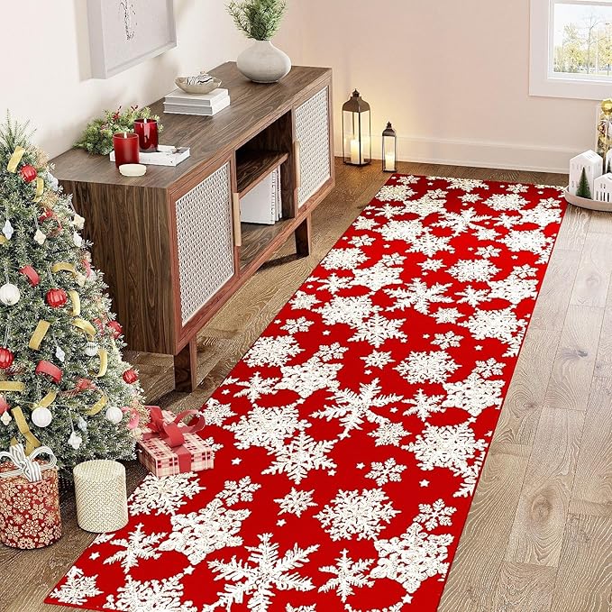 Red Runner Rug 2x8 Christmas Hallway Carpet Snowflake Washable Bedroom Carpet Xmas Holiday Decor Non Slip Kitchen Mat Indoor Accent Rug Decorative Dining Room Laundry Room Living Room