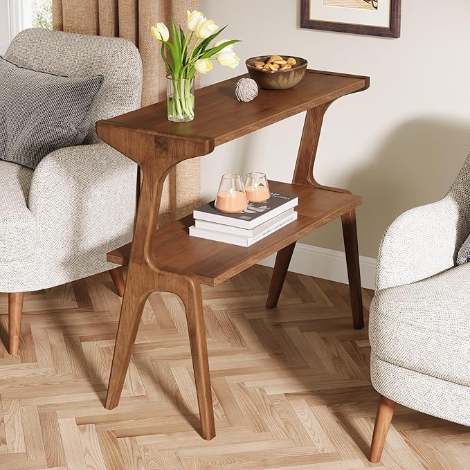 Tribesigns Set of 2 Wood End Table, Farmhouse Narrow Side Table with Storage Shelves, 2-Tier Slim Couch Side Table for Living Room, Long Bedside Table for Bedroom, Small Spaces, Rustic Brown