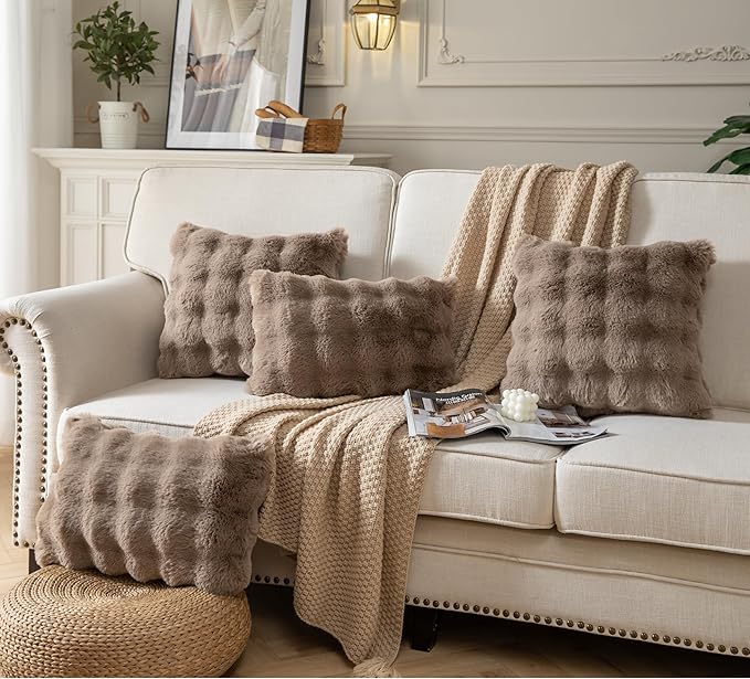 Pack of 2 Thick Plush Throw Pillow Covers Fluffy Wave Faux Fur Decorative Cushion Covers Soft Wool Pillowcase for Sofa Couch Livingroom 24x24 Inch Taupe