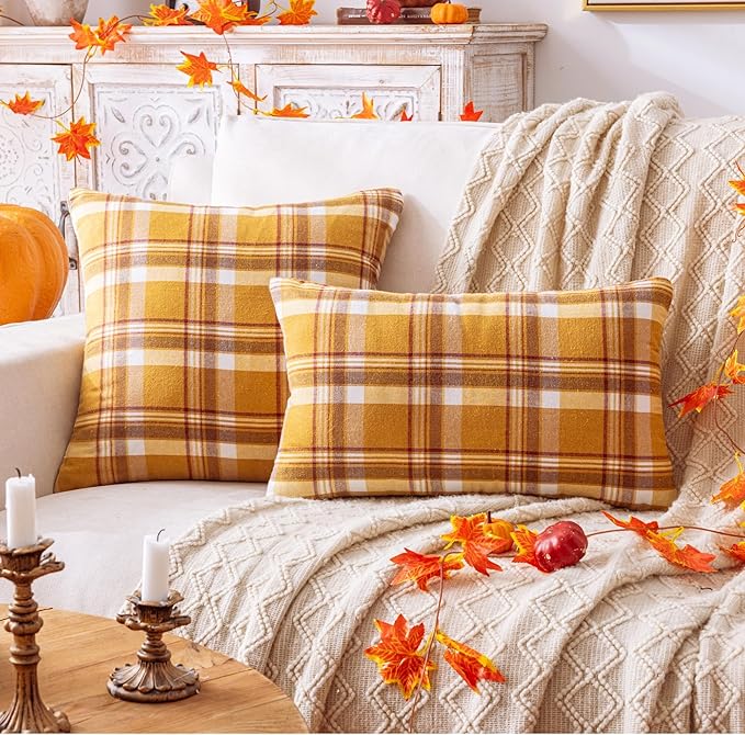 Fall Plaid Orange Brown Throw Pillow Covers 18x18 Inch, Set of 2 Autumn Decorative Throw Pillows for Couch Sofa Bed Living Room Home Decor, Accent Pillow Cases for Farmhouse Couch Cushion Covers