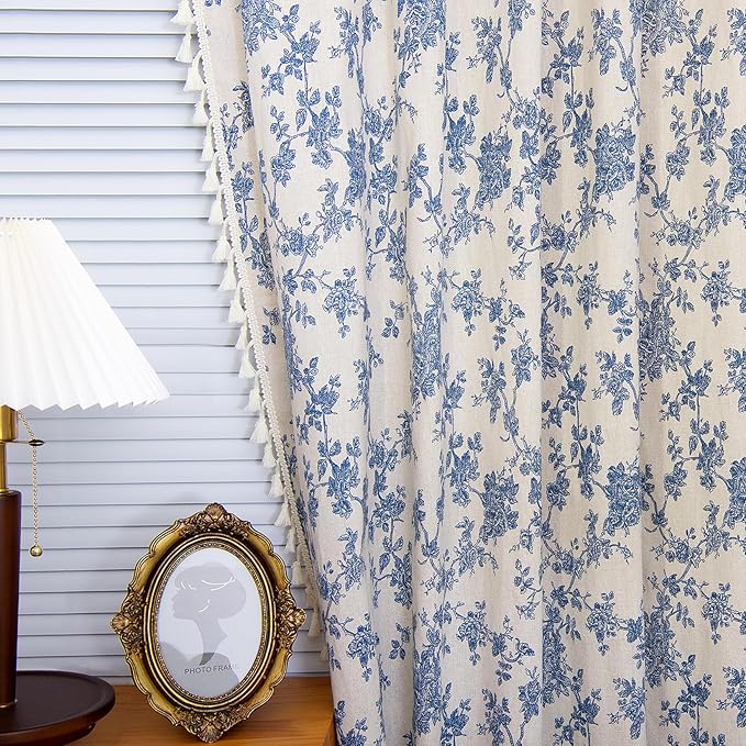 Vintage Blue Floral Curtains for Living Room 63 Inch Length Linen Blue Toile Curtain Rod Pocket French Country Drapes with Tassel Bedroom Window Curtain Set 2 Panels