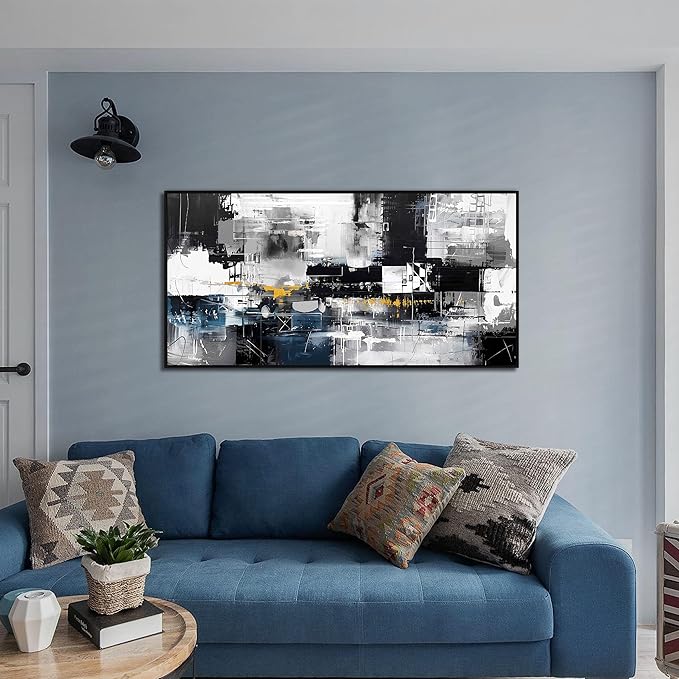Abstract Art Wall Decor Black Framed Room Decor Blue Wall Painting for Bedroom Office Decorations 24"x 48"