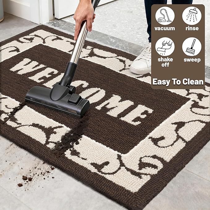 20"x32" Thick Entryway Indoor Mat, Dirt Trapping Door Mat, Americana Feel Hooked Rug, Heavy Duty Door Mat Outside Entrance, Shoe Scraper, Welcome Mat for Front & Back Door, Brown