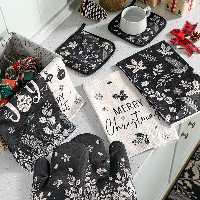 10 Pcs Christmas Kitchen Decor Set Kitchen Towels and Rugs Oven Mitts Pot Holders Absorbent Towels for Baking Cooking BBQ Gifts Home Decor(Black and Gray,Pine and Holly)