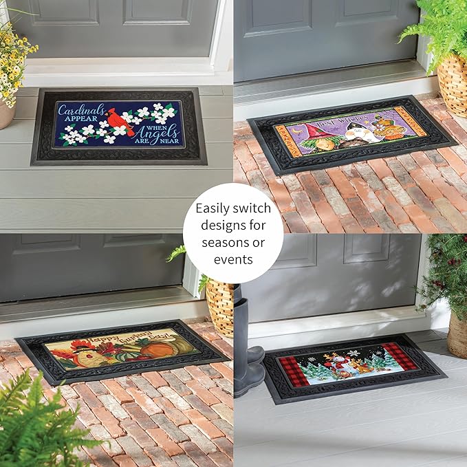 Evergreen Sassafras Fall Christmas Holiday Doormat Insert Bundle & Tray Set of 5, Interchangeable Entrance Door mats Indoor and Outdoor Welcome Mat 30 x 18 Tray Non Slip Backing Low Profile