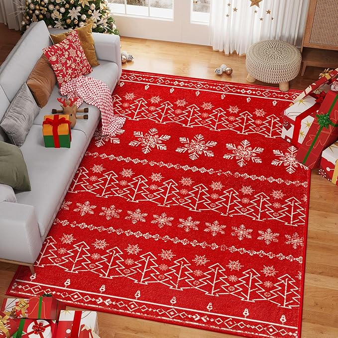 Christmas Area Rug 8x10 Red Washable Living Room Carpet Xmas Snowflake Holiday Decor Indoor Bedroom Throw Rug Decorative Non Slip Soft Low Pile Large Carpet Dining Room Office Nursery
