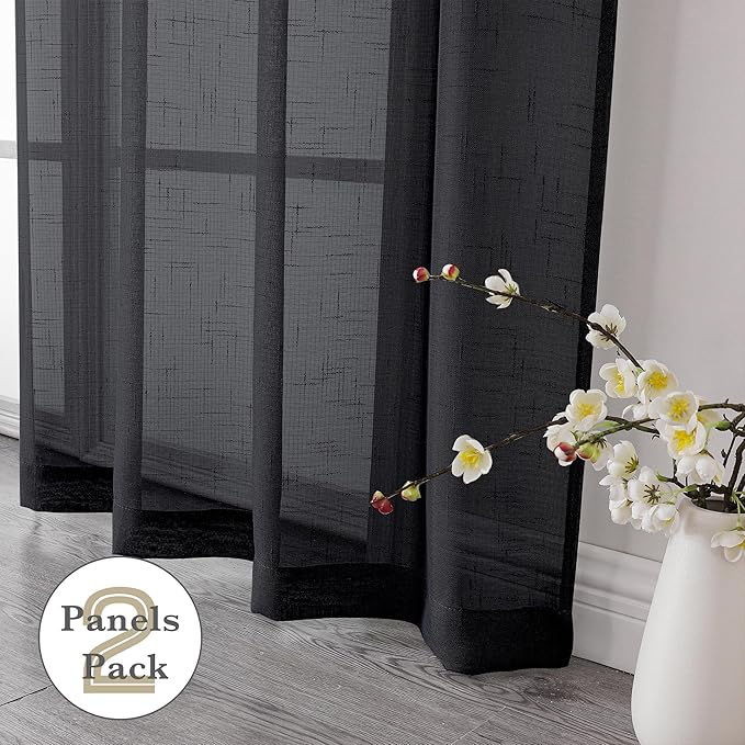 Aiyufeng Faux Black Sheer Curtains 54 Inch Length 2 Panel Set, Fresh Farmhouse 54 Inch Long Sheer Linen Look Airy & Lightweight Elegant Window Treatments for Bedroom/Kitchen, 30Wx54L inch