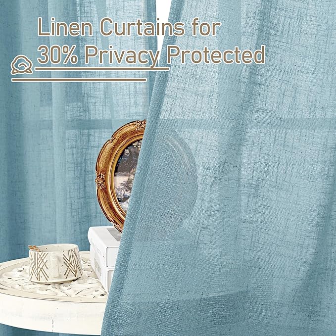 LAMIT Linen Curtains for Living Room 84 inch Length 2 Panels, Light Filtering Semi Sheer Panels Back Tab and Rod Pocket Farmhouse Drapes for Bedroom/Sliding Glass Door, Stone Blue, 52 x 84 Inch
