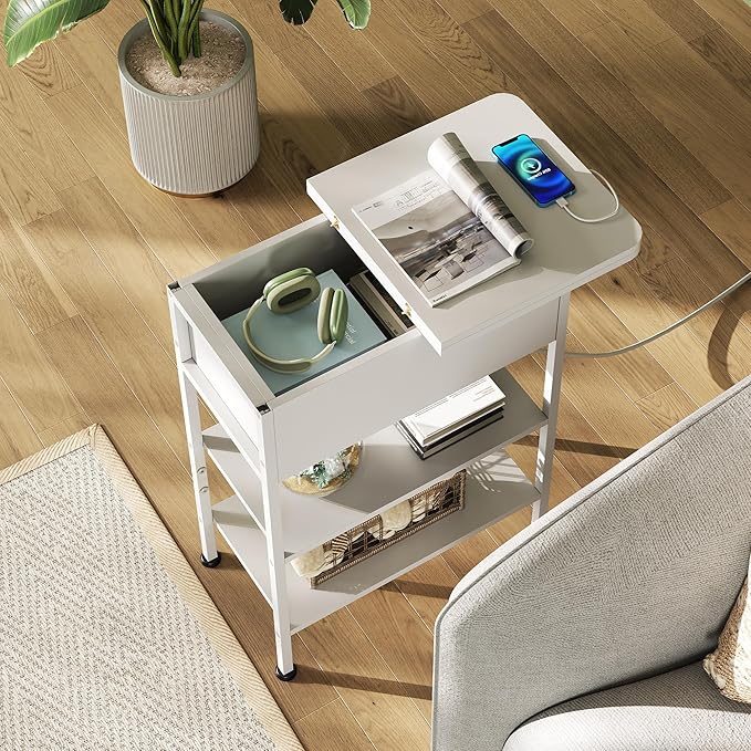 WLIVE End Table with Charging Station, Flip Top Side Table with Storage Shelf, Sofa Couch Table with USB Ports and Outlets, Narrow Bedside Table for Living Room, Bedroom ,11.81"D x 23.62"W x 24.33"H