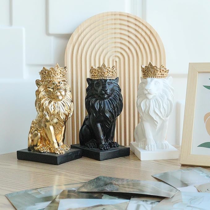8" Crown Lion King Statue Decor, The King of Beasts - Statue Decoration for Home/Study/Living Room, Great Collectible Figurines, Best Gift for The Man, Black Golden Color