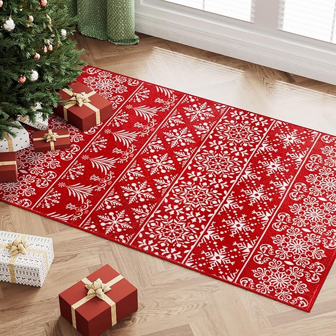 2x3 Area Rug Red Christmas Entryway Carpet Xmas Holiday Decor Kitchen Carpet Snowflake Washable Non Slip Indoor Mat Decorative Throw Rug for Living Room Bedroom Dining Room Bathroom