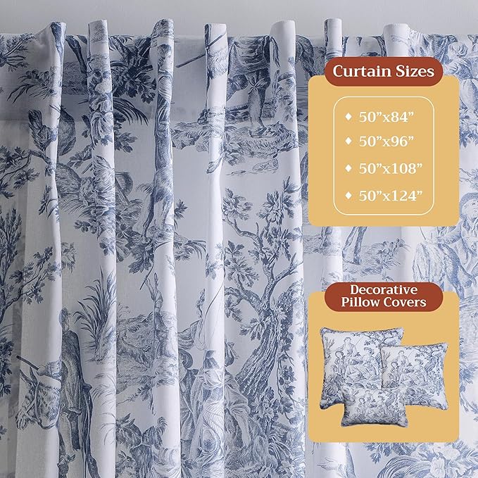 Maison d' Hermine Curtains for living room 100% Cotton 108 inch length One Panel Light Filtering Toile Curtains for Bedroom with rod and loop Pockets (The Miller Blue (White Background), 50"W x 108"L)