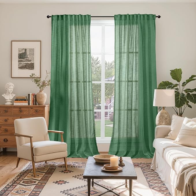 YoungsTex Green Linen Semi Sheer Curtains 84 Inch Length for Living Room 2 Panels, Light Filtering Window Treatments Rustic Textured with Rod Pocket Back Tab for Dining Bedroom, 52 X 84 Inch