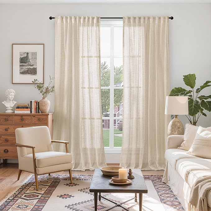 YoungsTex Linen Semi Sheer Curtains 84 Inches Long for Living Room 2 Panels, Oatmeal Window Treatments Natural Textured Light Filtering with Rod Pocket Back Tab for Farmhouse Bedroom, 52 X 84 Inch