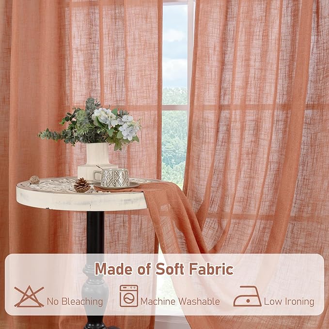 LAMIT Extra Wide Linen Curtains for Bedroom, Terracotta Light Filtering Faux Linen Textured Panels Semi Sheer Back Tab and Rod Pocket Boho Drapes for Living Room, 2 Panels, 60 x 84 Inch