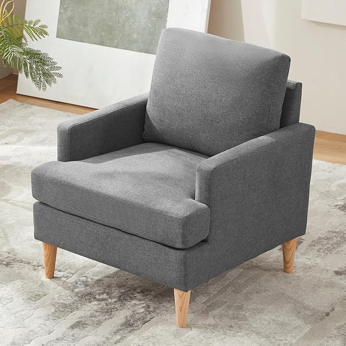 VKNOW Mid-Century Accent Chairs Set fo 2, Modern Upholstered Armchair for Living Room,Comfy Reading Accent Chairs with Wood Legs for Bedroom, Dark Grey Polyester
