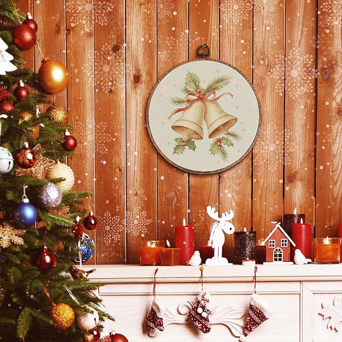 Hxlac Vintage Christmas Bells Round Wall Art Framed, Rustic Christmas Round Wall Decor, Cottagecore Winter Hanging Canvas Prints Sculptures for Farmhouse Home Living Room Decor, 10x10 Inch