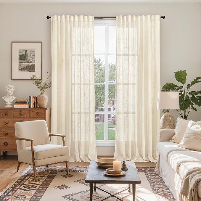 YoungsTex Beige Linen Semi Sheer Curtains 84 Inch Length for Living Room, Cream Window Treatments Light Filtering Textured Drapes with Rod Pocket Back Tab for Bedroom Dining, 2 Panels, 52 X 84 Inch