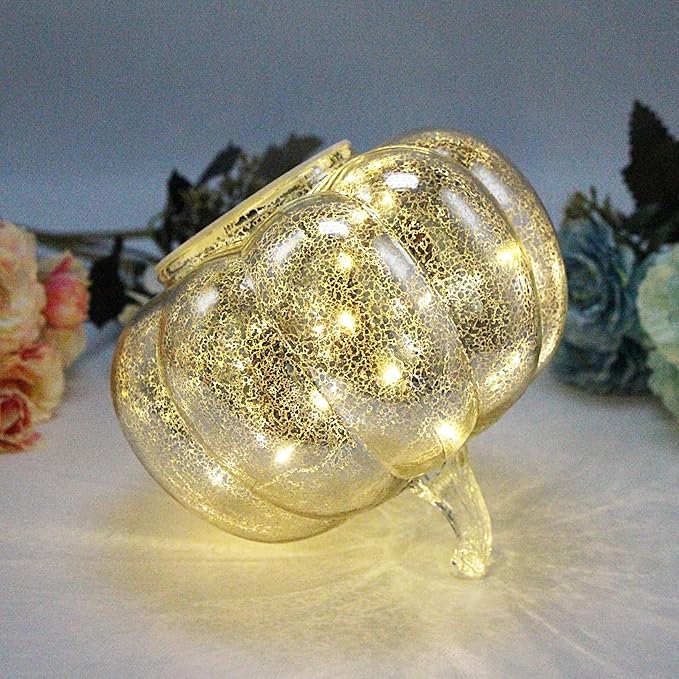 Fall Decor-Fall Decorations for Home Mercury Glass Pumpkin Light with Timer,Battery Operated Led Pumpkin Light,Ideal for Halloween Decoration, Thanksgiving Rustic Decor, Xmas Décor (Silver2)