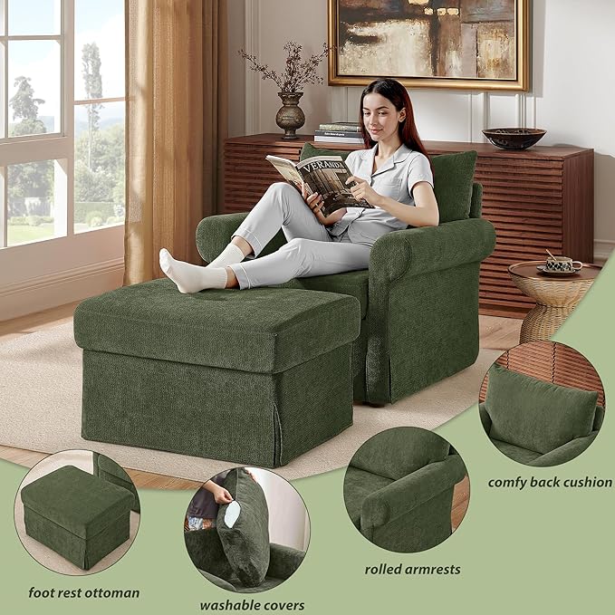 Modern Living Room Chairs with Ottoman, Comfy Chenille Reading Armchair with Rolled Arms and Cushion Backrest, 35.8" W Oversized Chaise Lounge Chair for Bedroom, Study, Apartment, Green