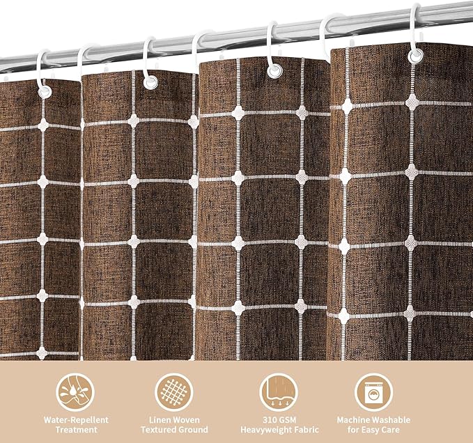 MitoVilla 72 x 84 Brown Boho Extra Long Shower Curtain, Farmhouse 84 inch XL Polyester Linen Texture Tassel Fabric Shower Curtain Set with Hooks for Cottagecore Country Bathroom Decor