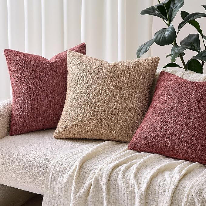Woaboy Pack of 2 18x18 Inch Decorative Boucle Throw Pillow Covers Textured Square Pillowcaes Accent Solid Cozy Soft Cushion Covers Home Decor for Sofa Couch Living Room Home Decor,Burgundy