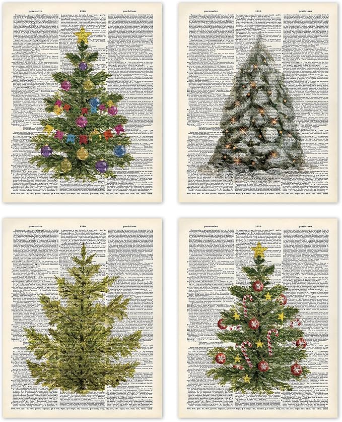 TLESKE Vintage Winter Christmas Pine Trees Posters Prints Unframed Set of 4 for Home Bedroom Living Room, Retro Christmas Pine Trees Wall Art Prints Decor, Aesthetic Winter Wall Pictures, 8x10