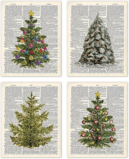 TLESKE Vintage Winter Christmas Pine Trees Posters Prints Unframed Set of 4 for Home Bedroom Living Room, Retro Christmas Pine Trees Wall Art Prints Decor, Aesthetic Winter Wall Pictures, 8x10