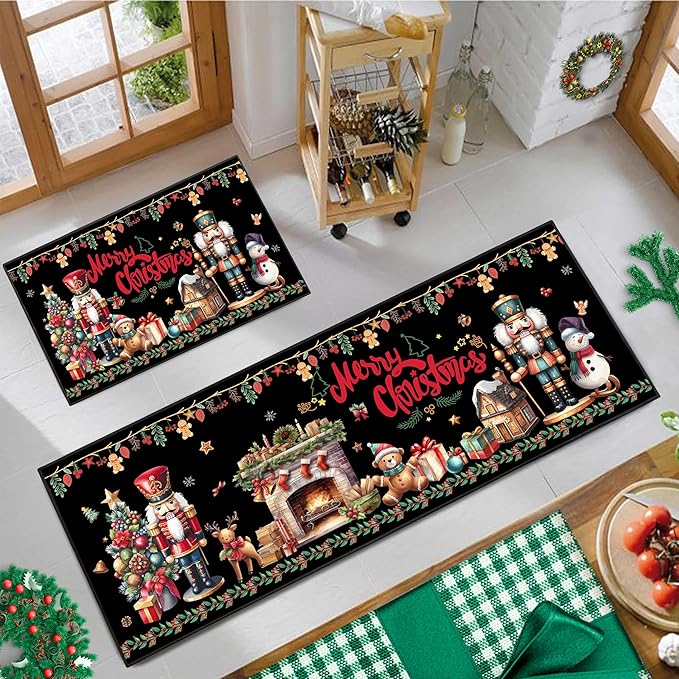 2 Piece Christmas Nutcracker Themed Kitchen Rug Set, Soft and Absorbent Non-Slip Kitchen Floor Mats, Winter Merry Christmas Decor 17x30+17x47 Inches