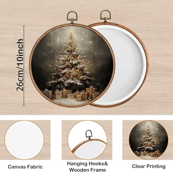 KSDUT Vintage Christmas Wall Decor Art - Vintage Christmas Tree Wall Art Canvas Frame Hanging Prints, Merry Xmas Holiday Round Wall Art Decor for Home Farmhouse Decorations 10"x10"