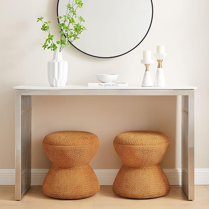 Multi-Functional Boucle Ottoman, Vanity Stool Chair, Sturdy Wooden Footstool, Suitable for Living Room, Bedroom, and Entryway, Without Installation, Curry