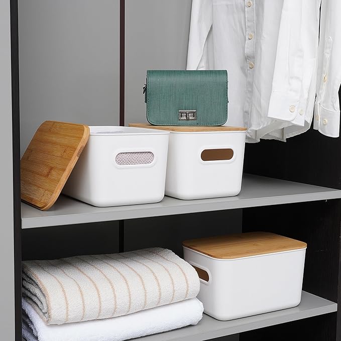 Citylife 4 PCS Storage Bins with Bamboo Lids Plastic Storage Containers for Organizing Stackable Storage Box with Handle, 10.23 x 7.08 x 6.3 inch