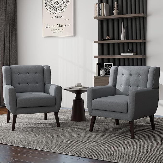 UIXE Accent Chair Modern Arm Chairs, Mid Century Upholstered Club Armchair, Comfy Single Lounge Sofa Living Room Button Tufted Armrest Reading Seat Bedroom Side Sitting for Home Office, Gray
