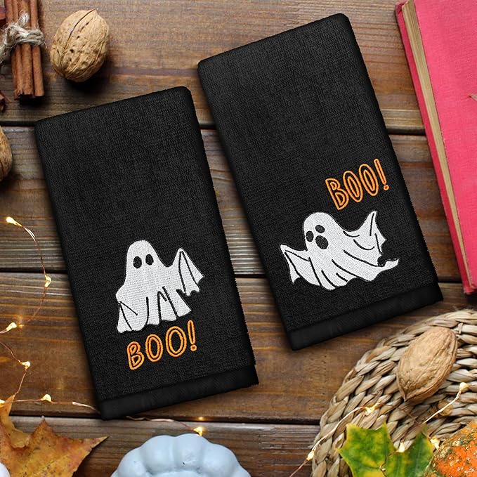 Halloween Hand Towels Set of 2 Embroidered Boo Ghost Dish Towels 13.7 x 29.5 Inch Spooky Home Decor Holiday Decorative Towels for Kitchen Bathroom