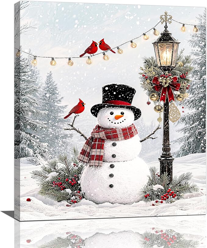 Zyphren Snowman Wall Art Winter Picture Wall Decor Christmas Canvas Print Snowman Painting Home Artwork Gifts for Living Room Bedroom Bathroom 20"x24"