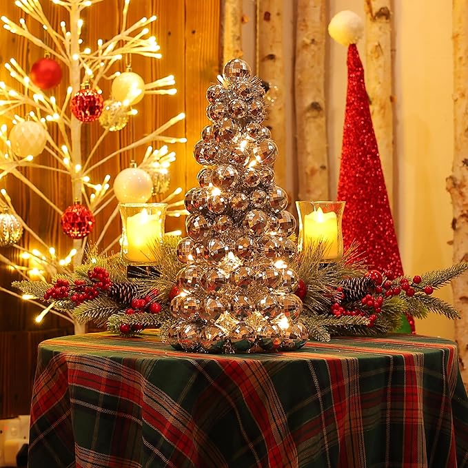 Amooca 16in Christmas Ball Tree with LED Lights Table Centerpiece Fireplace Decor Indoor Holiday Party Home Decoration Silver