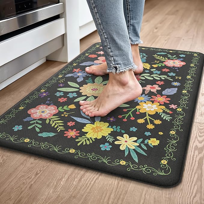 GENIMO Kitchen Mats for Floor 2PCS, Cushioned Kitchen Rugs Non Slip Washable, Farmhouse Anti Fatigue Mat Waterproof, Comfort Standing Mat Rug for Laundry, Office, Home, Sink, 23.6"x71"+20"x32", Black