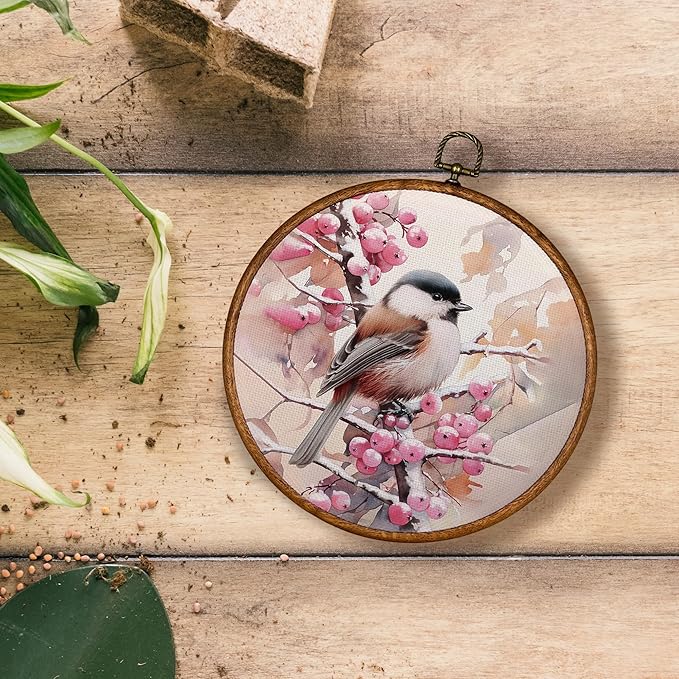 KSDUT Christmas Wall Decor Art - Pink Christmas Bird Wall Art Canvas Frame Hanging Prints, Winter Snowy Xmas Holiday Round Wall Art Decor for Home Farmhouse Decorations 10"x10"