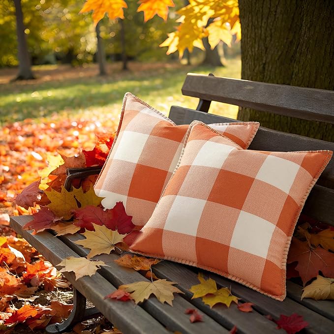decorUhome Farmhouse Gingham Buffalo Plaid Check Throw Pillow Covers 18x18 Set of 2, Outdoor Fall Linen Decorative Pillow Covers with Stitched Edge for Bed Couch Sofa, Orange and White