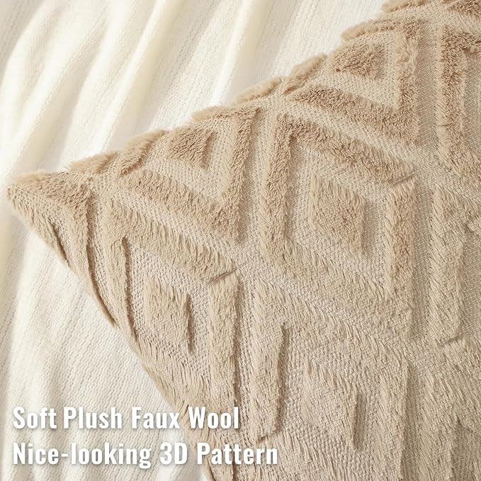 decorUhome Couch Throw Pillow Covers 16x16 Set of 2, Decorative Soft Plush Faux Wool Neutral Accent Pillow Covers for Bed Sofa Living Room, Light Khaki