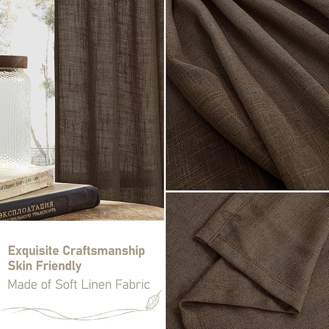 LAMIT Dark Brown Linen Curtains 54 Inch Length 2 Panels, Light Filtering Panels Back Tab and Rod Pocket Neutral Drapes for Bathroom/Window/Bedroom, 52 x 54 Inch