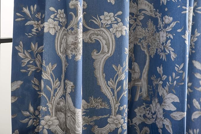 Maison d' Hermine Curtains for Living Room 100% Cotton 96 inch Length One Panel Light Filtering Toile Curtains for Bedroom Windows with Rod and Loop Pockets Drapes (Joli Jouy Blue, 50" W x 96" L)