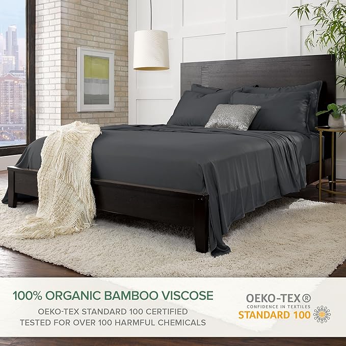 Twin XL Sheets by Pure Bamboo, Genuine 100% Organic Viscose Derived from Bamboo Bed Sheet Set, Luxuriously Soft & Cooling, Double Stitching, Lifetime Quality Promise (Twin XL, Charcoal)