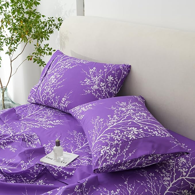 Spirit Linen home King Size Sheets Set - Pure Microfiber 4 Piece Polyester Bed Sheets, Fitted Sheet & Pillow Cases - King Sheets for All Seasons (Foliage Purple/White, King)
