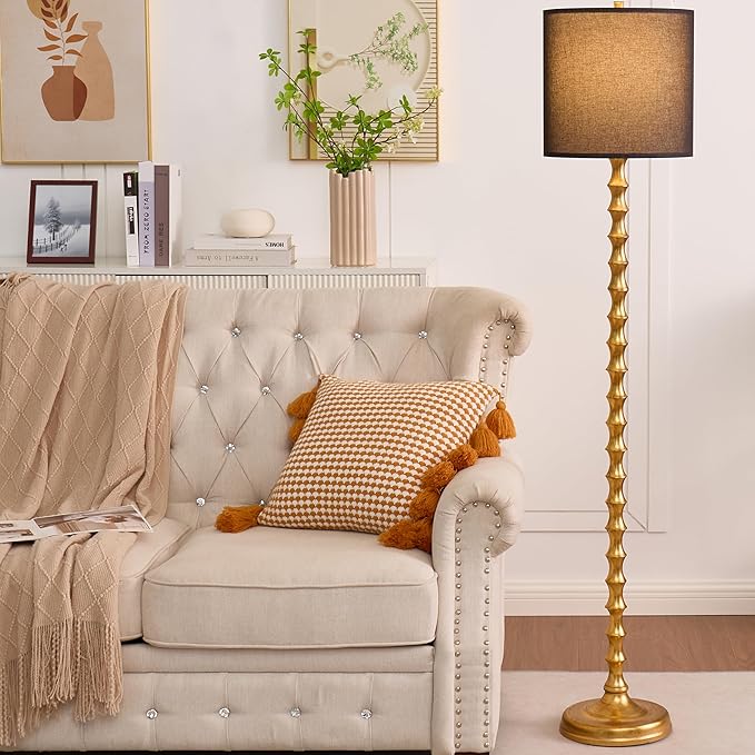 64.5" Tall Floor Lamp, Vintage Gold Finish with White/Black Linen Shade, 3-Level Lighting, Sturdy Base for Living Room, Bedroom, Nursery Decor