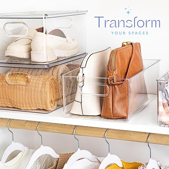 Plastic Food Storage 2 Pack Clear Container Bin with Handles for Organizing Kitchen, Pantry, Refrigerator, Freezer, Pantry, Cabinet, Closet, Bathroom. 16”x8”x5”