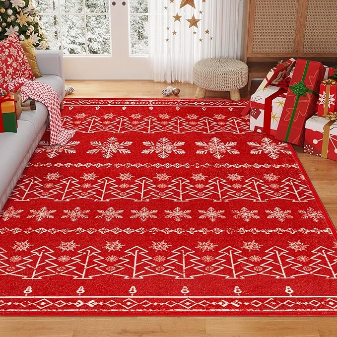 Christmas Area Rug 8x10 Red Washable Living Room Carpet Xmas Snowflake Holiday Decor Indoor Bedroom Throw Rug Decorative Non Slip Soft Low Pile Large Carpet Dining Room Office Nursery