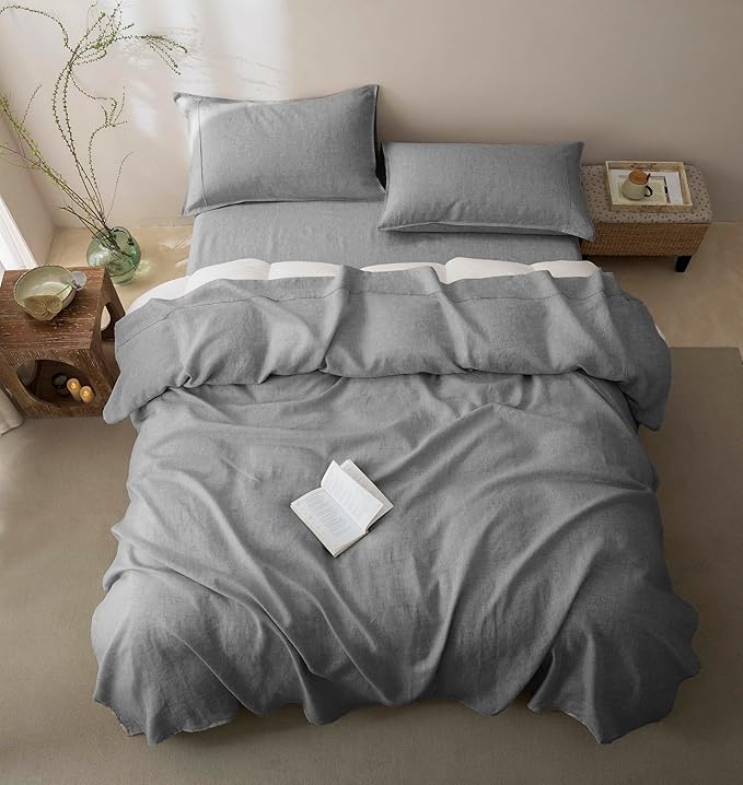 Talasily 100% French Pure Linen Sheets Set Full Size,Oeko-TEX Certified Bedding, All-Season Breathable for Hot Sleepers,16 Inch Deep Pocket Machine Washable 4-Piece (Earl Grey)