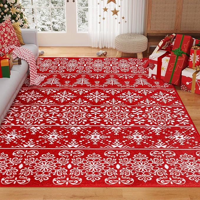 8x10 Area Rug Red Christmas Living Room Carpet Xmas Holiday Decor Bedroom Carpet Snowflake Washable Non Slip Indoor Large Decorative Throw Rug for Dining Room Nursery